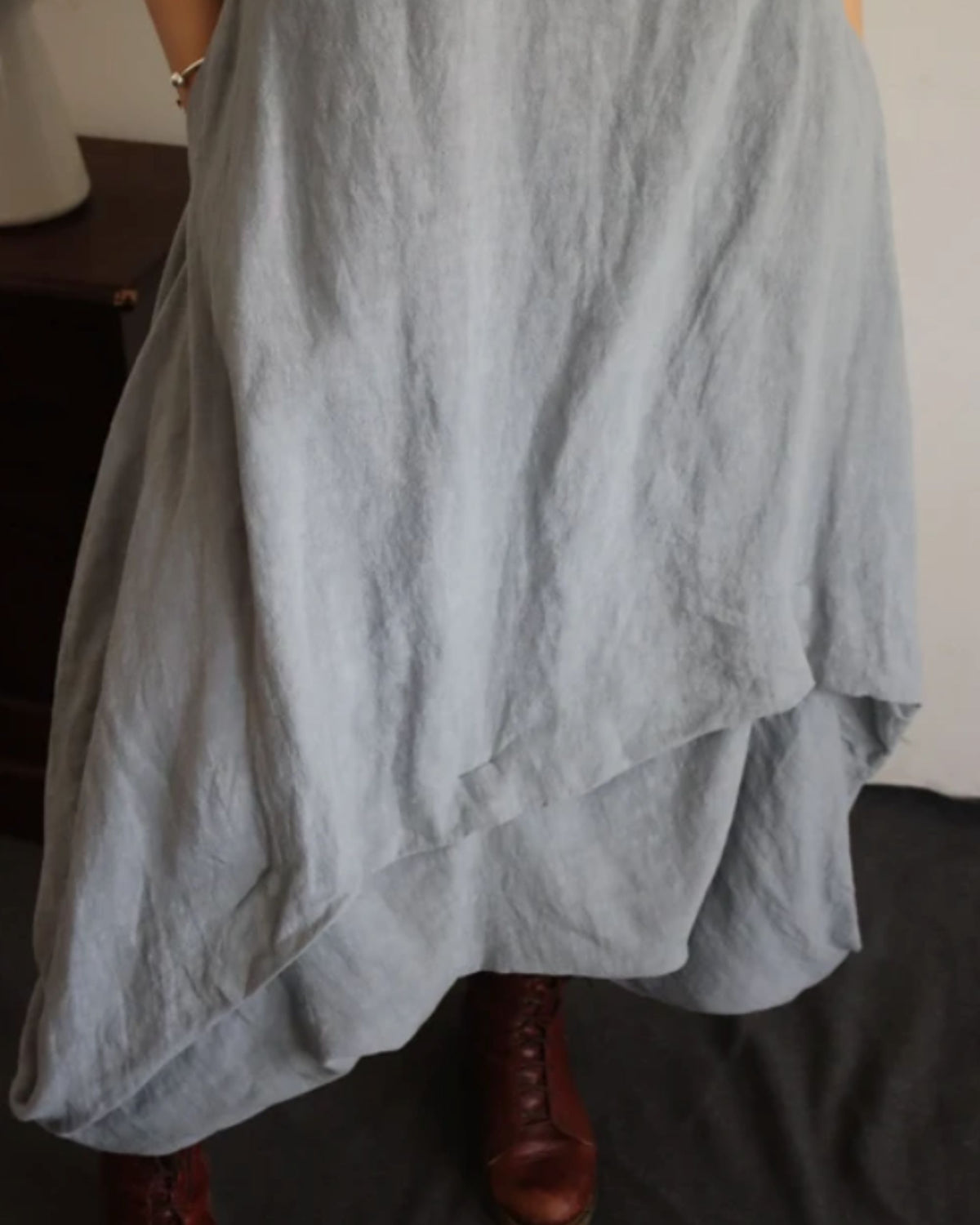 Melaleuca Rise Linen Grey Dove Colour Sleeveless dress skirt view