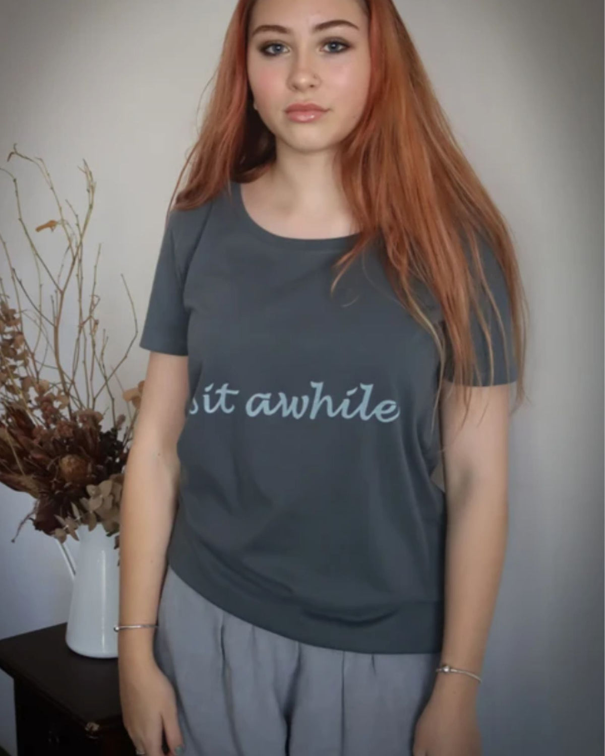 Melaleuca Rise Sit a While T-shirt in grey with short sleeves