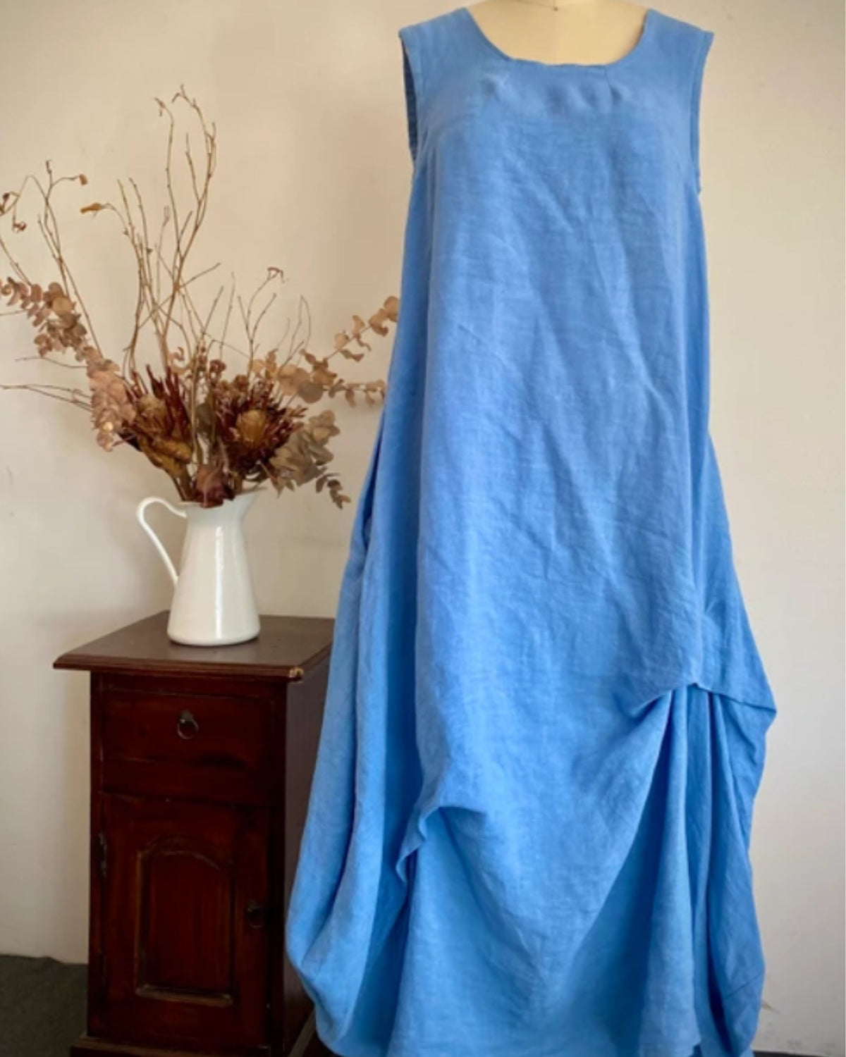 Melaleuca Rise Willowbank Linen Dress in Alaskan Blue Midi Length Front View