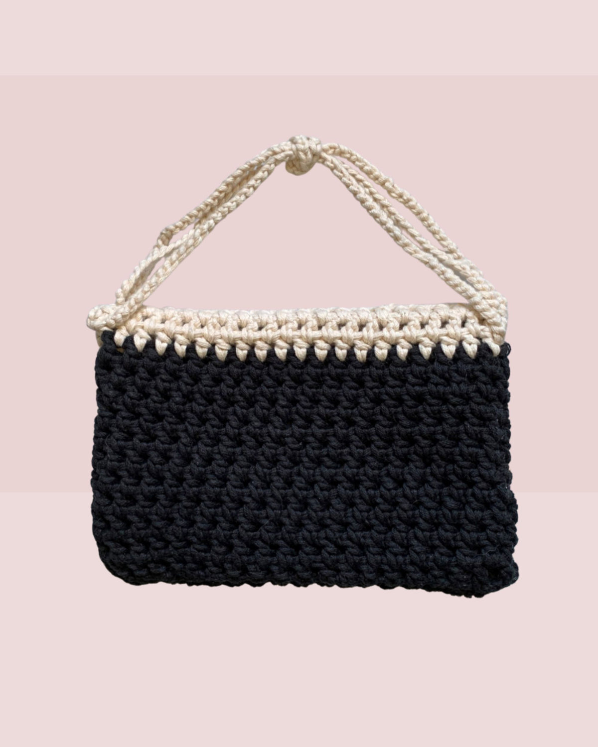 Mia Crocheted Clutch Bag with Handle in Black and Cream Back View of Bag