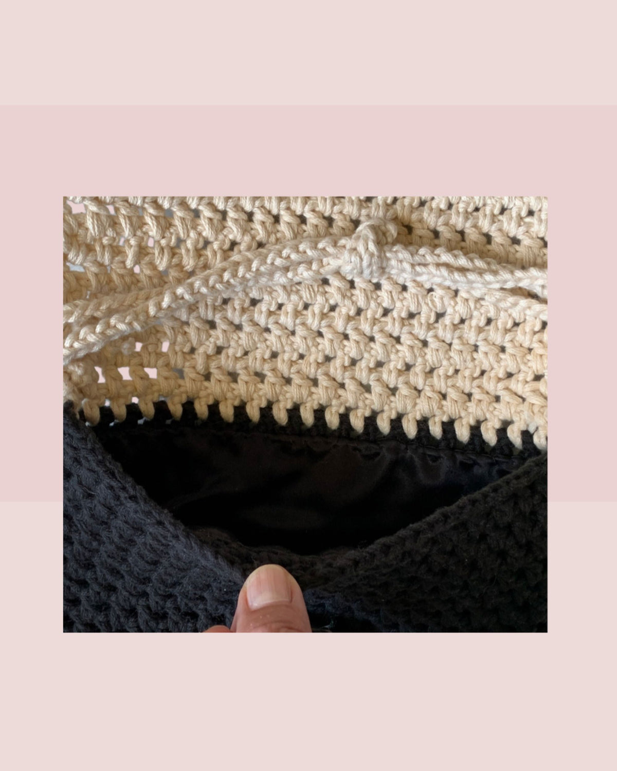 Mia Crocheted Clutch Bag with Handle in Black and Cream with Silk Satin Lining