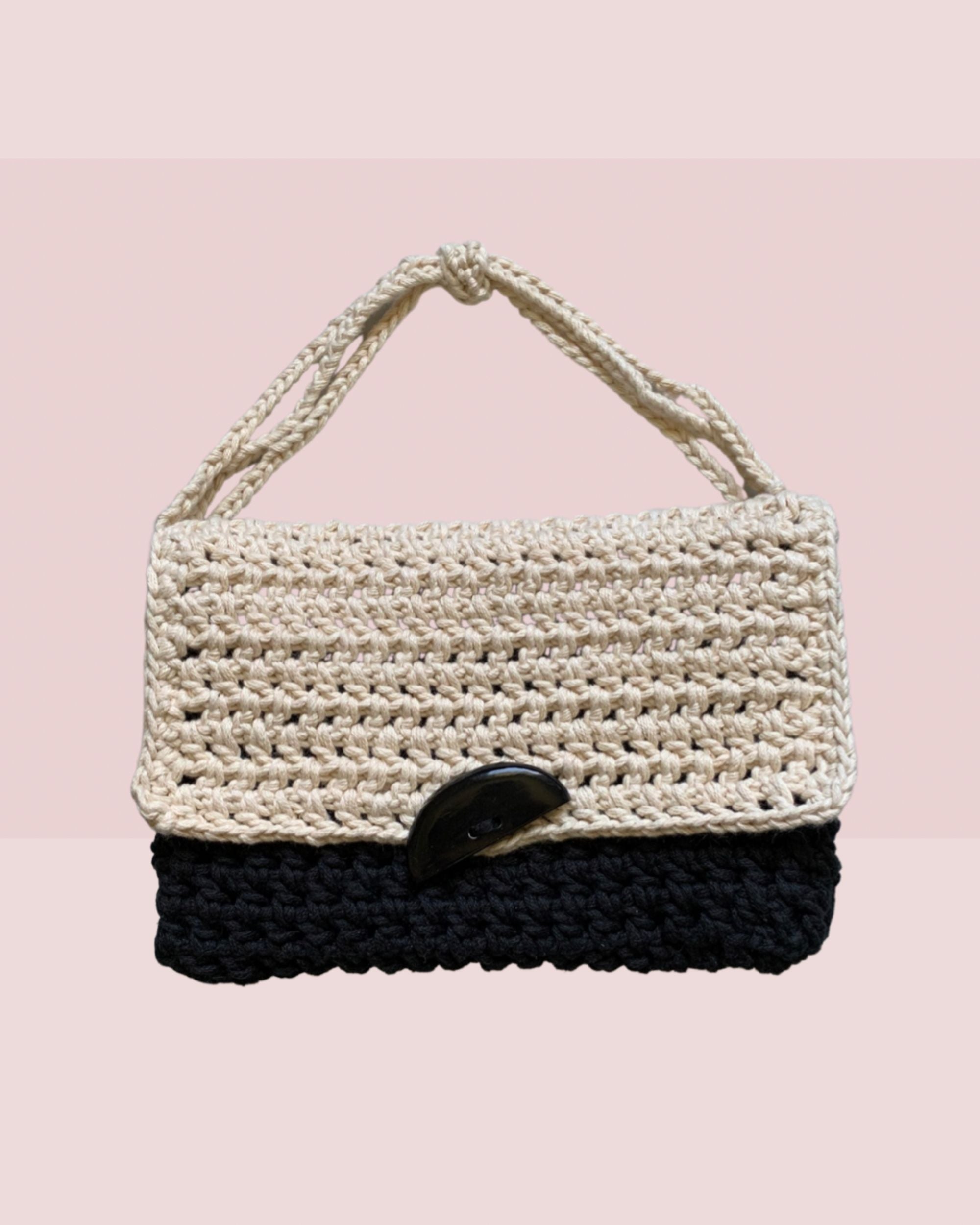 Mia Crocheted Clutch Bag with Handle in Black and Cream