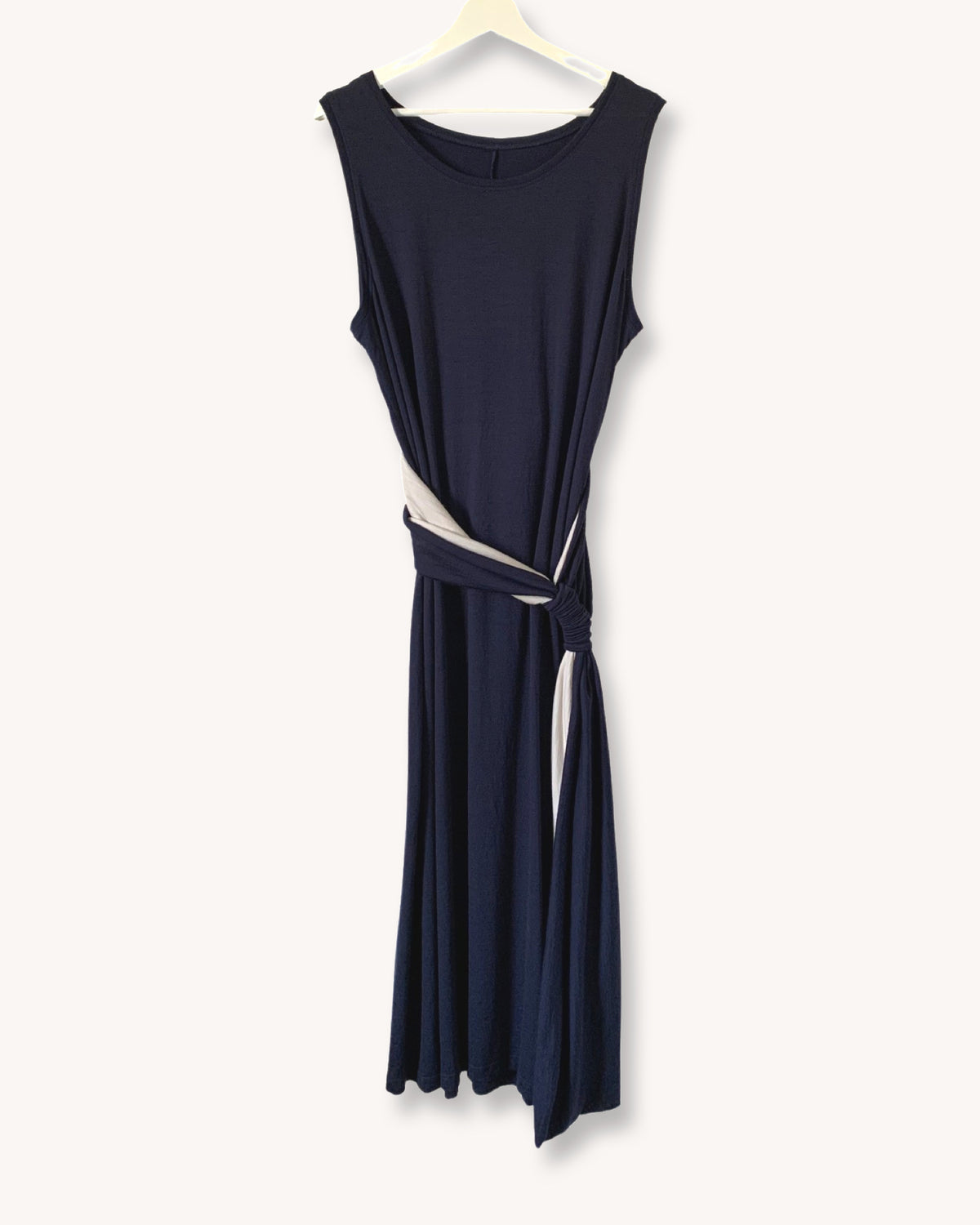 Long Scarf Belt French Navy Fine Merino Wool on Tee Dress