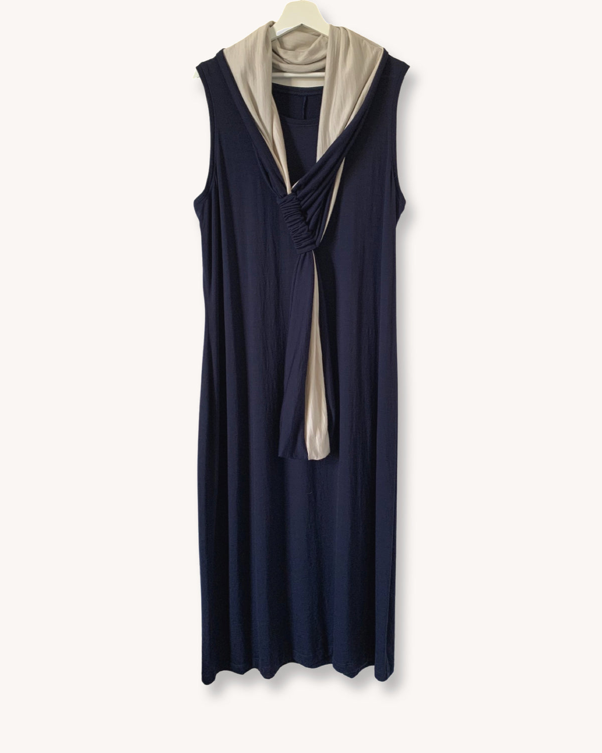 Long Scarf Belt French Navy Fine Merino Wool on Tee Dress