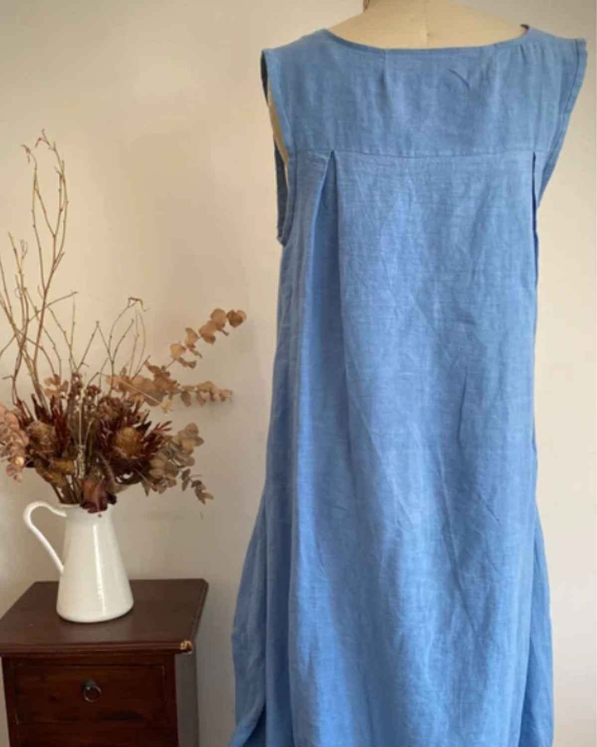 Melaleuca Rise Willowbank Linen Dress in Alaskan Blue Midi Length Back View