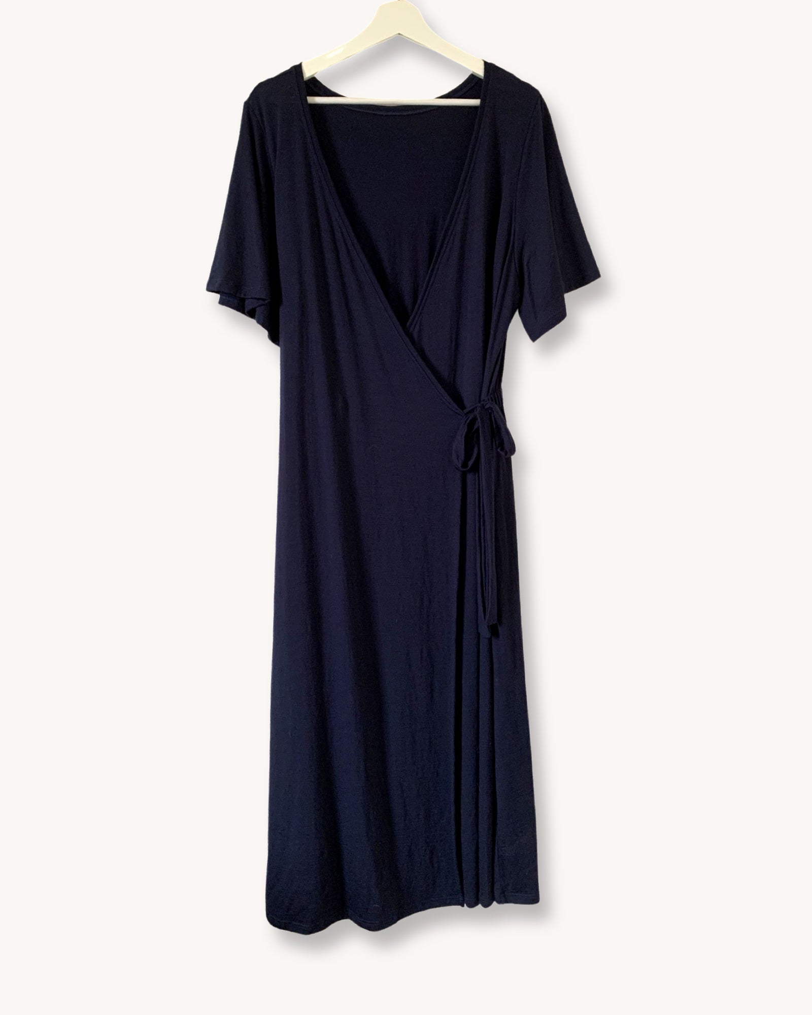 Wrap Dress Front Butterfly Sleeves French Navy Fine Merino Wool